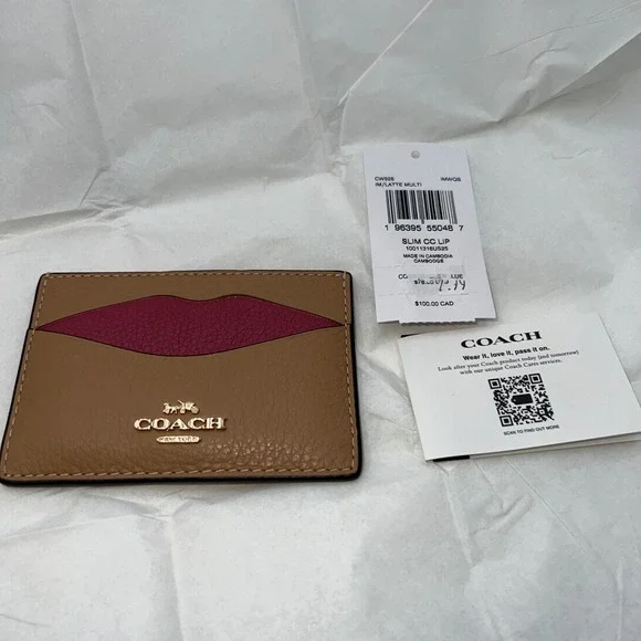 Coach Slim Card Holder Wallet Beige Leather Pink Lips Logo Signature - Picture 4 of 6